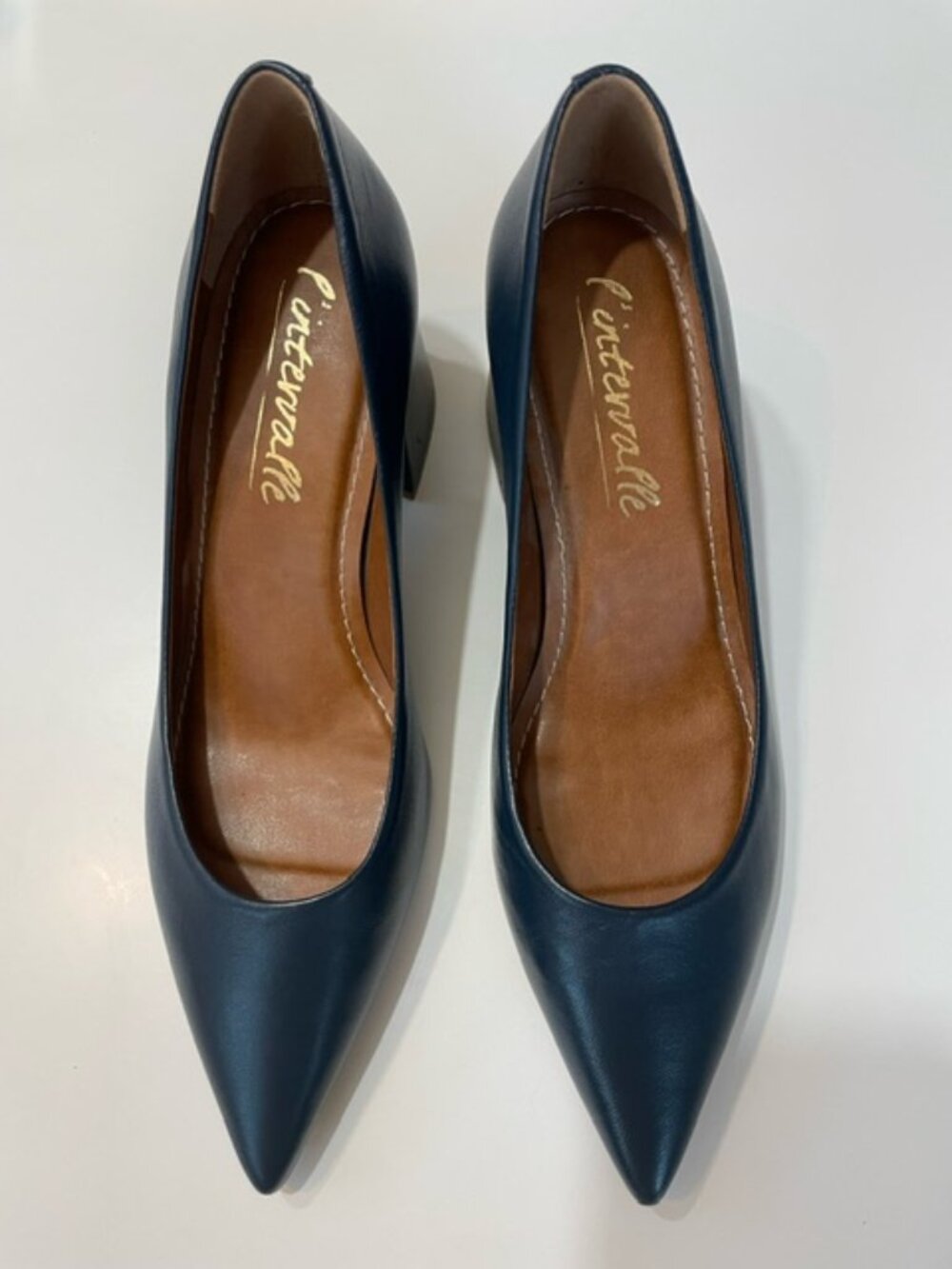 L'Intervalle Josephine Leather Block Heel 2" Pumps Navy Size 7